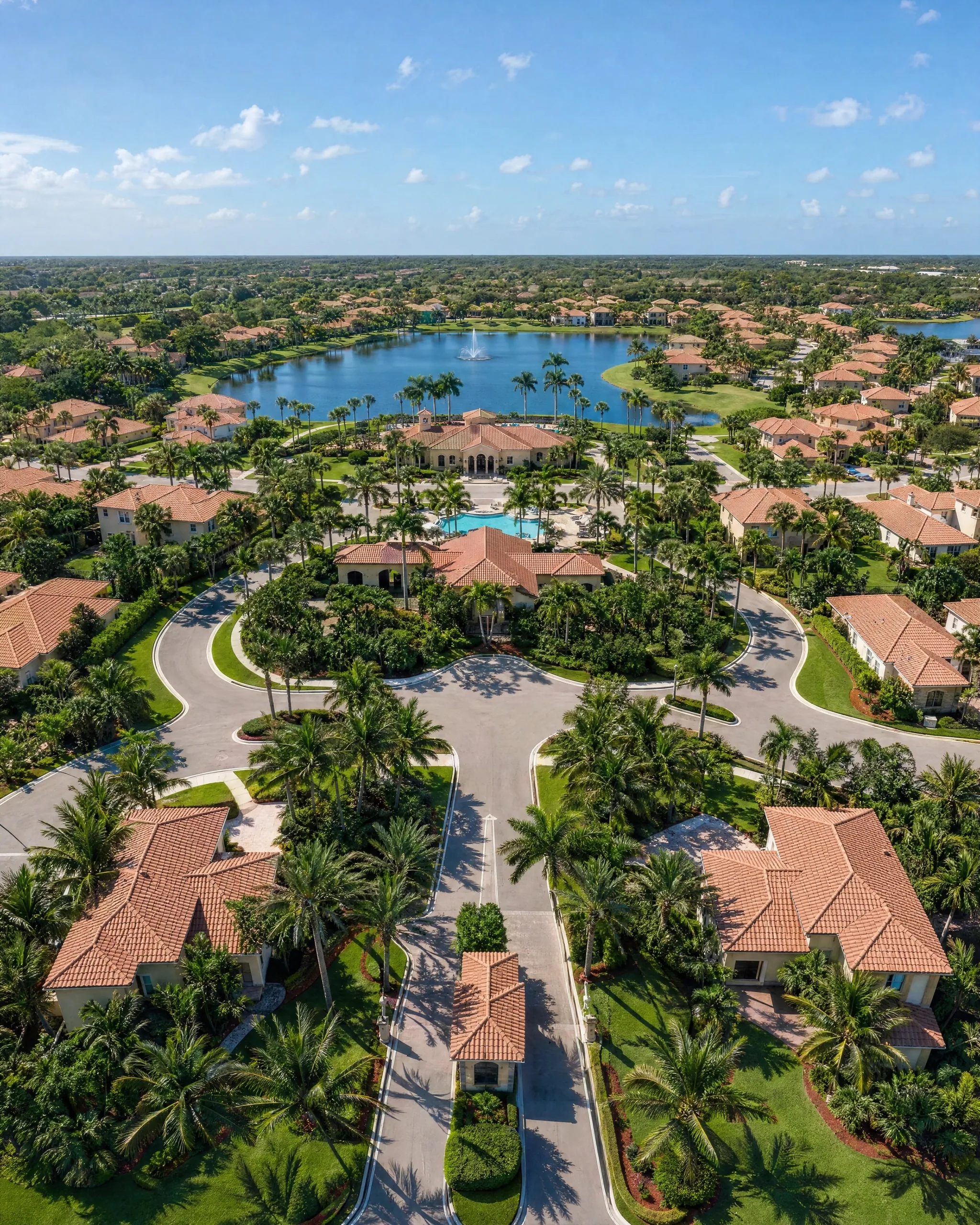 Aerial view of a South Florida lakeside neighborhood with tile roofs, pools and palms — community exterior cleaning in Broward and Palm Beach County