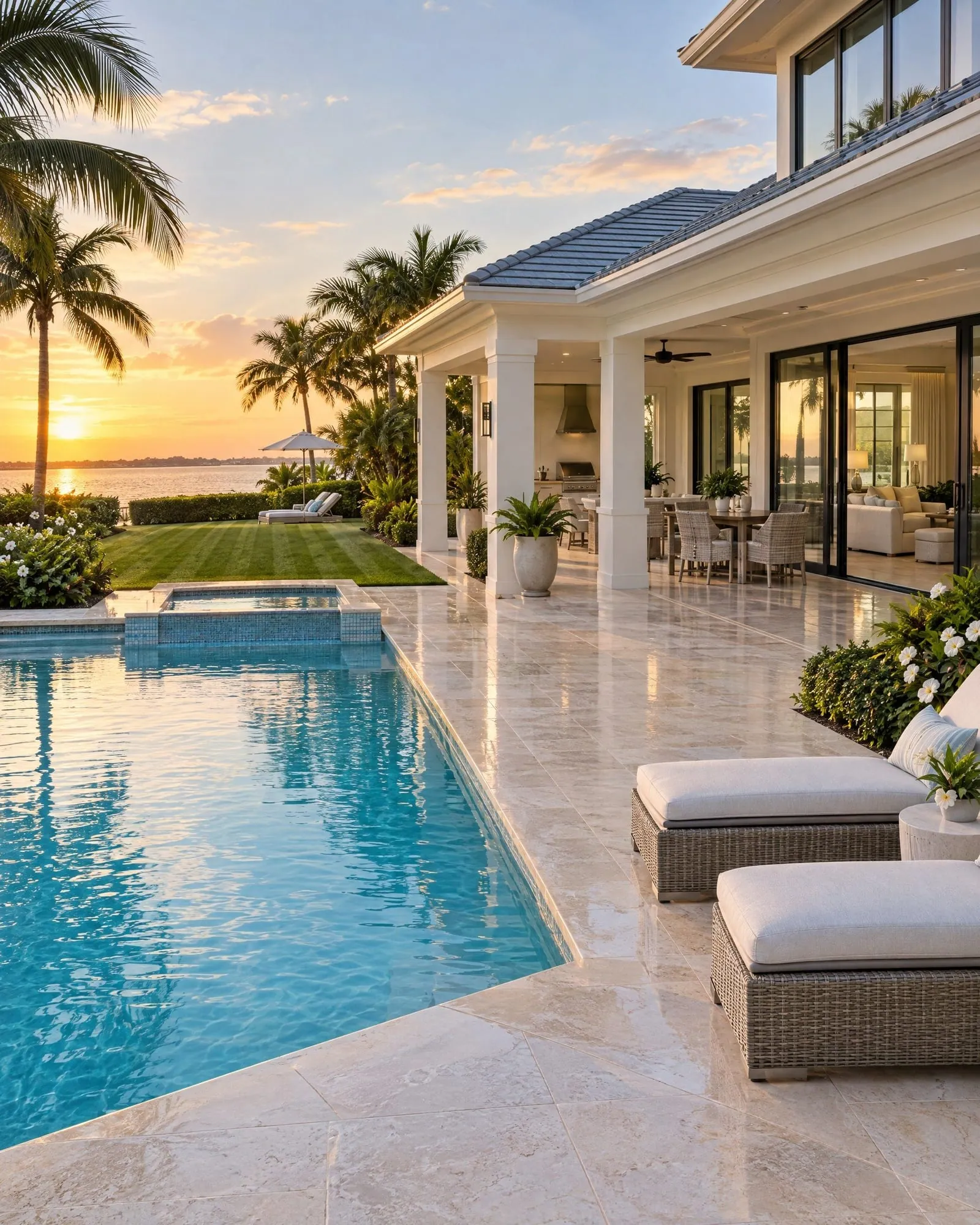 Backyard of a home at golden hour with a clean pool, washed deck and manicured lawn